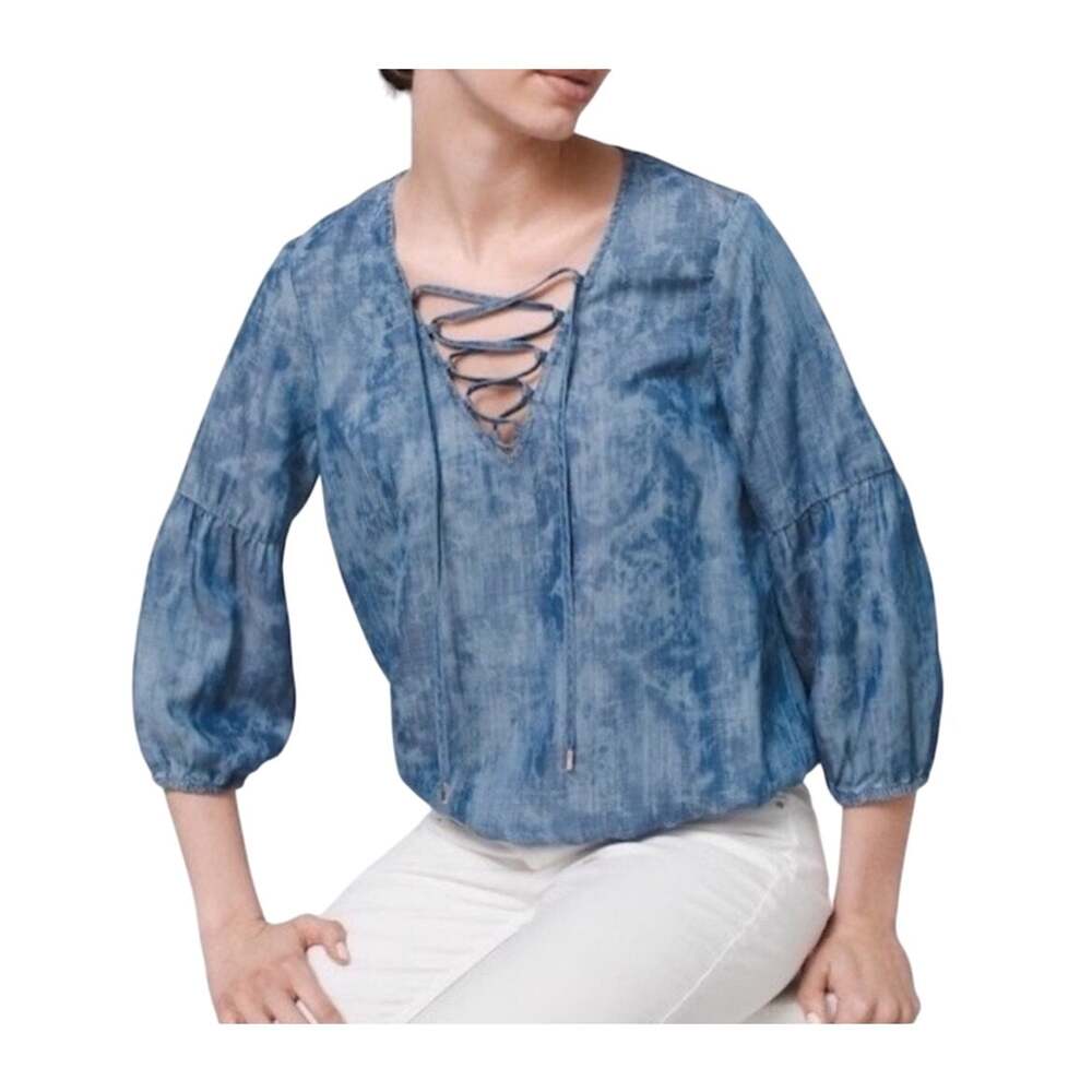 White House Black Market WHBM Chambray Lace Up Peasant Top M